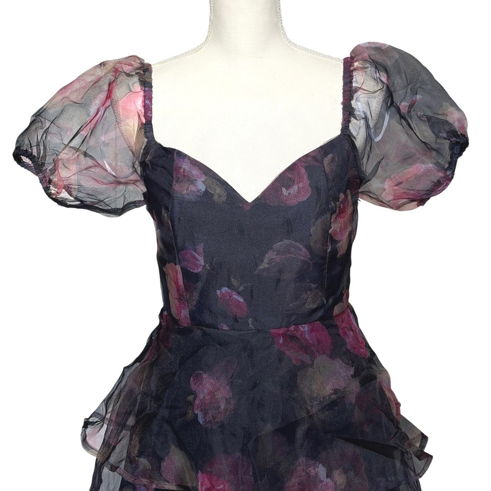 Lulus Floral Organza Tiered Midi Dress Puff Sleeve Wedding Guest Navy Pink M NWT - Picture 3 of 7